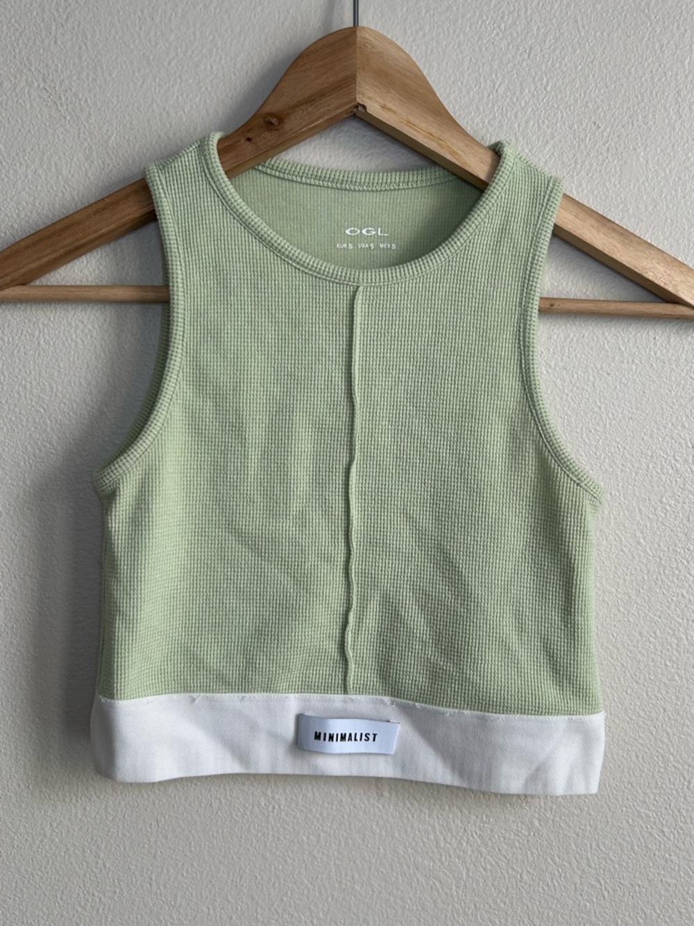 OGL Light Sage Green White Waffle Knit Minimalist Crop Tank Top Size S Small